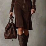 Roweno | Brown Vintage Zipper Belted Midi Dress (Includes belt)