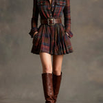 ZINNIA VINTAGE LAPEL RED AND BROWN PLAID MINI DRESS (INCLUDES BELT)