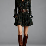 ZINNIA VINTAGE LAPEL RED AND BROWN PLAID MINI DRESS (INCLUDES BELT)