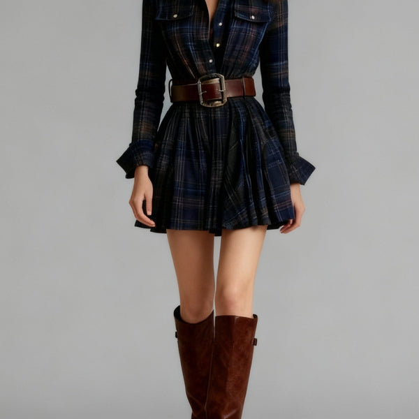 ZINNIA VINTAGE LAPEL RED AND BROWN PLAID MINI DRESS (INCLUDES BELT)