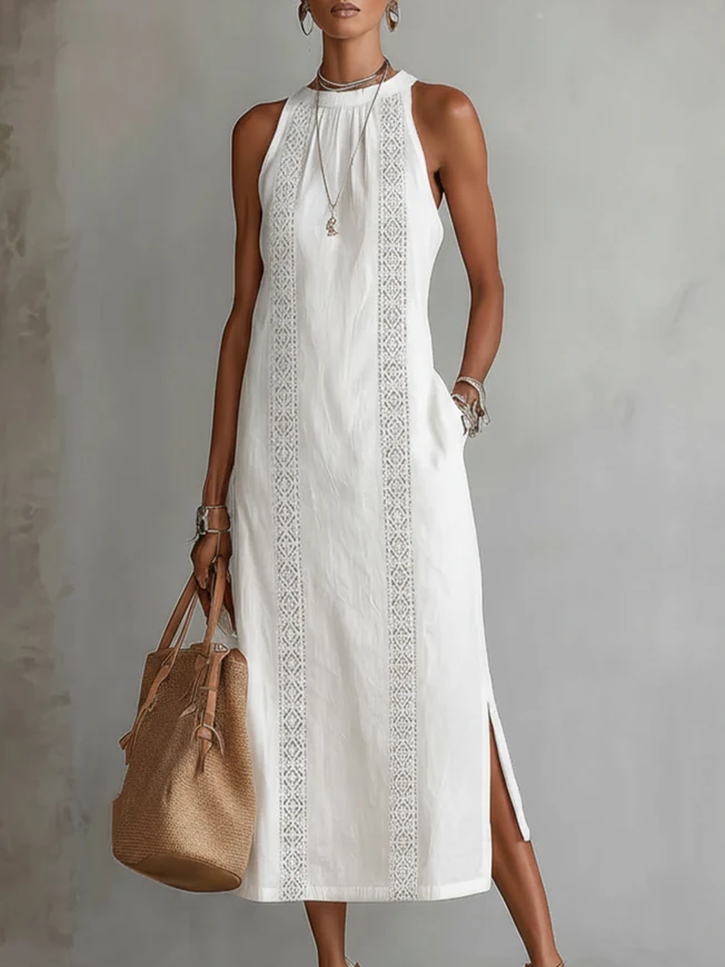 Jimena - Linen midi dress with Mao collar