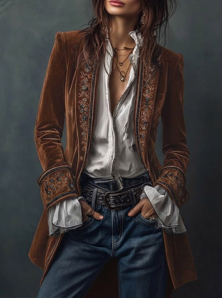 Erica | Long Vintage Velvet Jacket with Embroidery